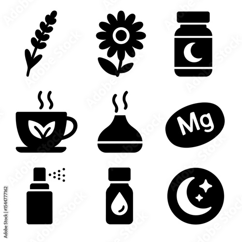 Natural Sleep Aids Icons. Solid, filled icons set of natural sleep aids: lavender icon, chamomile flower,