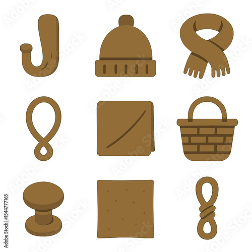 Natural Home Icons. Solid, filled icons set of natural home elements: wooden hook, wool hat, cotton scarf, rope loop, linen fabric, rustic basket, wall peg, natural color, cozy icon.