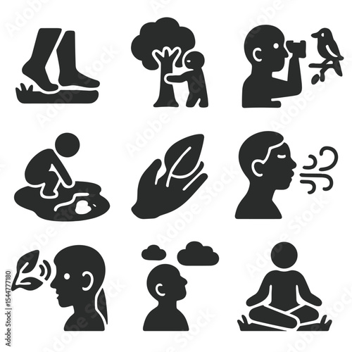 Nature Activity Icons. Solid, filled icons set of nature-connected activities: barefoot walking, tree hugging,