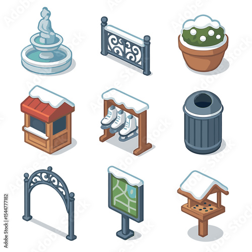 Winter Park Icon Set. Isometric Flat icon set of winter park promenade: fountain statue, ornamental fence, flower pot with snow,