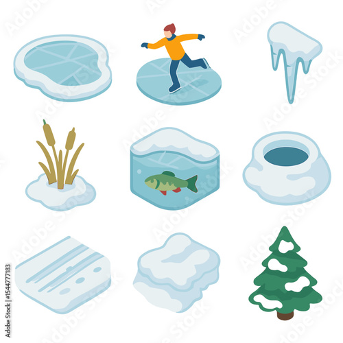 Winter Wonderland Icons. Isometric Flat icon set of frozen pond winter scene: ice surface, ice skater, snow-covered banks, icicle,