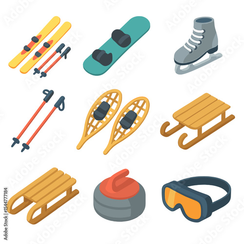 Winter Sports Gear Icons. Isometric Flat icon set of winter sports gear: skis, snowboard, ice skate, sled, ski poles, snowshoes,