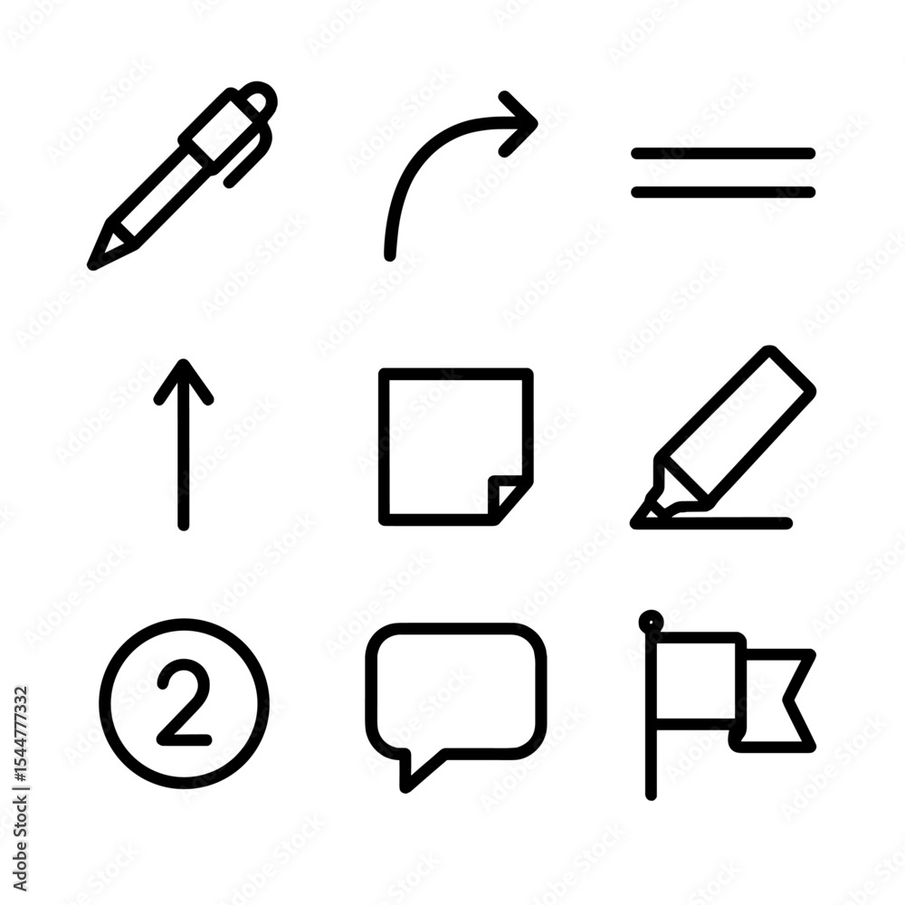 Script Editing Icons. Outline icon set of script editing marks: red pen, correction arrow, strikethrough, insert caret, margin Script Editing Icons. Outline icon set of script editing marks: red pen, correction arrow, strikethrough, insert caret, margin