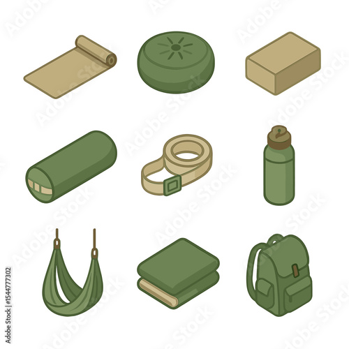 Yoga Gear Icons. Isometric Flat icon set of yoga equipment in the woods: cork yoga mat, meditation cushion, yoga block, bolster