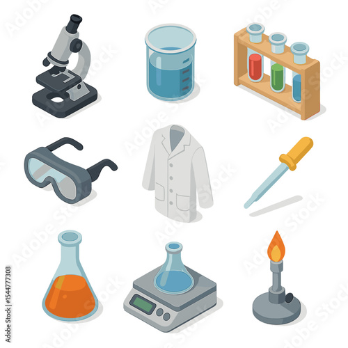 Science Lab Equipment Icons. Isometric Flat icon set of science lab equipment: microscope, beaker, test tube rack, Bunsen burner,