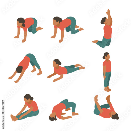 Yoga Pose Icon Set. Isometric Flat icon set of yoga warm-up poses: cat pose, cow pose, child's pose, downward dog, upward dog, sun