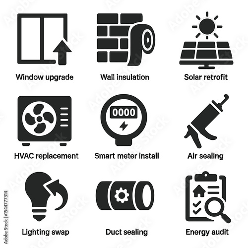 Net-Zero Retrofit Icons. Solid, filled icons set of net-zero retrofit solutions: window upgrade, wall