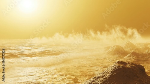 Tranquil Seascape at Sunset with Warm Golden Tones and Gentle Waves Caressing Rocky Shoreline, Evoking Calmness and Natural Beauty