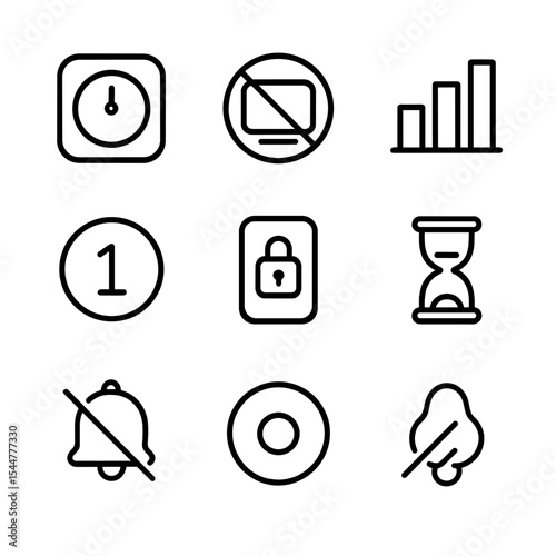 Screen Time Icons. Outline icon set of screen time management: timer app, no-screen sign, usage graph, parental control shield,