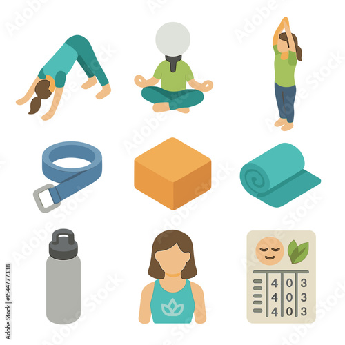 Yoga Golf Fusion Icons. Isometric Flat icon set of golf & yoga fusion: downward dog pose, golf ball meditation, sun salutation