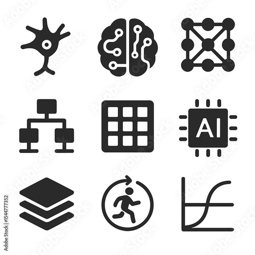 Neural Network Icons. Solid, filled icons set of neural networks and deep learning: neuron, brain circuit,