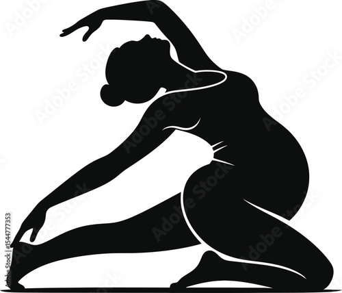 A silhouette of a pregnant woman in a yoga pose stretching her body with arms and legs extended out