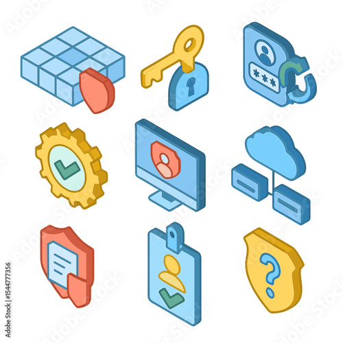 Zero Trust Icons. Isometric Flat icon set of zero trust security model: microsegmentation grid, least privilege key, continuous