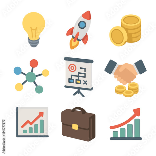 Youth Entrepreneurship Icons. Isometric Flat icon set of youth entrepreneurship: lightbulb idea, startup rocket, coin stack, pitch