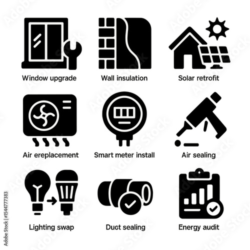 Net-Zero Retrofit Icons. Solid, filled icons set of net-zero retrofit solutions: window upgrade, wall