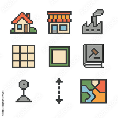 Zoning Icons Grid. Pixel art icon set of zoning and land use: residential zone, commercial zone, industrial zone, map grid, land