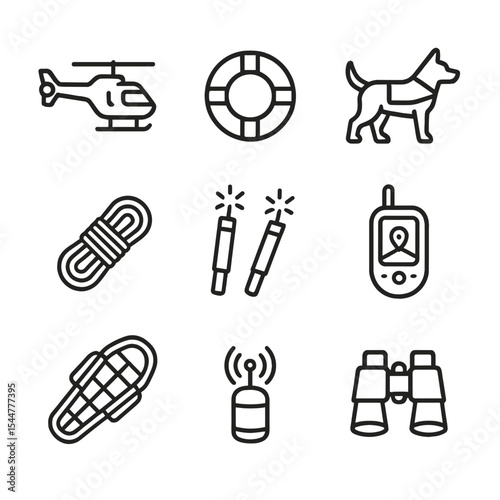 Search and Rescue Icons. Outline icon set of search and rescue operations: rescue helicopter, life buoy, search dog, binoculars,