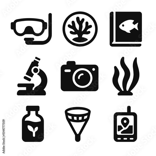 Ocean Research Icons. Solid, filled icons set of ocean life research: dive mask, coral sample, marine biology journal, microscope, underwater camera, seaweed, sample bottle, plankton net, marine GPS.