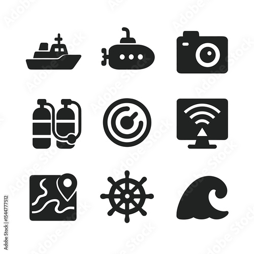 Ocean Exploration Icons. Solid, filled icons set of ocean exploration: research vessel, submarine, underwater camera, dive gear, sonar, marine radar, mapping icon, ship’s wheel, ocean wave.