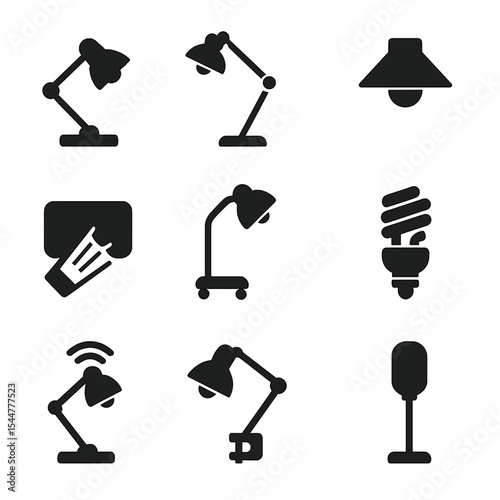 Office Lighting Icons. Solid, filled icons set of office lighting: task lamp, adjustable floor light,