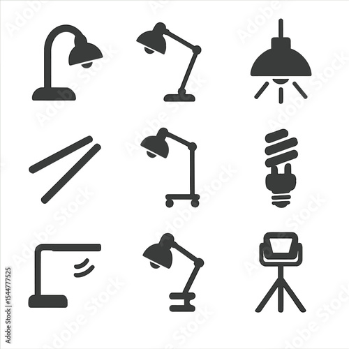 Office Lighting Icons. Solid, filled icons set of office lighting: task lamp, adjustable floor light,