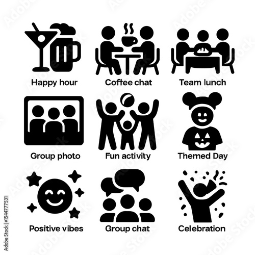 Office Culture Icons. Solid, filled icons set of office culture boosters: happy hour, coffee chat, team lunch,