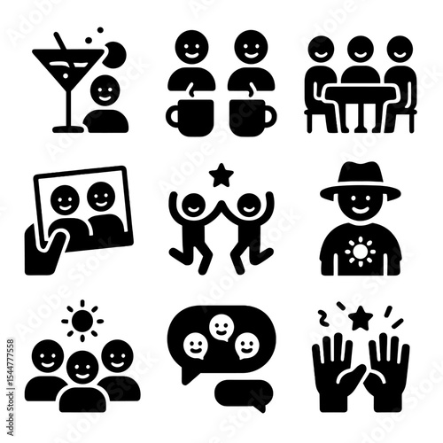 Office Culture Icons. Solid, filled icons set of office culture boosters: happy hour, coffee chat, team lunch,