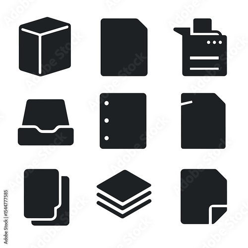 Office Paper Icons. Solid, filled icons set of office and copier paper: ream icon, standard white sheet,