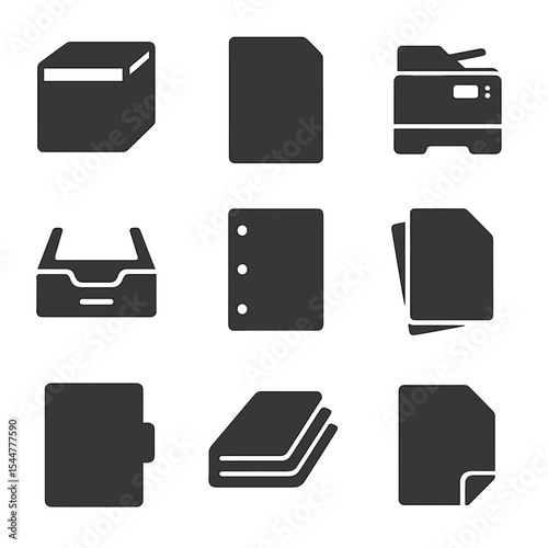 Office Paper Icons. Solid, filled icons set of office and copier paper: ream icon, standard white sheet,