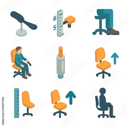 Seat Adjustment Icons. Isometric Flat icon set of seat height adjustments: pneumatic lever, seat height scale, feet flat on floor