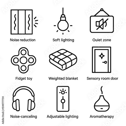 Sensory-Friendly Icon Set. Outline icon set of sensory-friendly spaces: noise reduction panel, soft lighting icon, quiet zone sign