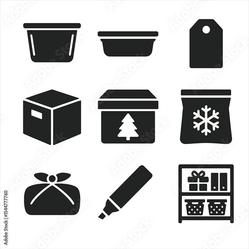 Organizing Icons Set. Solid, filled icons set of organizing decorations: storage bin, plastic container, label, cardboard box, holiday box, zip bag, wrapping cloth, marker pen, neat shelf.