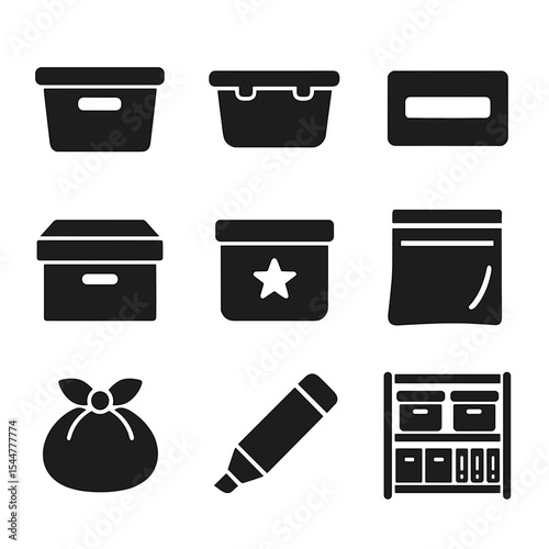 Organizing Icons Set. Solid, filled icons set of organizing decorations: storage bin, plastic container, label, cardboard box, holiday box, zip bag, wrapping cloth, marker pen, neat shelf.