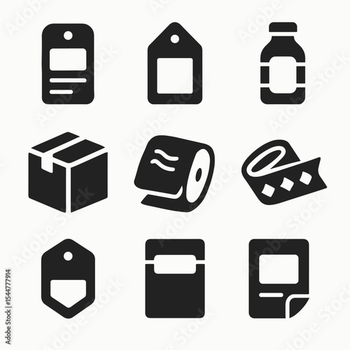 Packaging Icon Set. Solid, filled icons set of packaging and labels: product label, hang tag, bottle label,