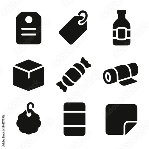 Packaging Icon Set. Solid, filled icons set of packaging and labels: product label, hang tag, bottle label,