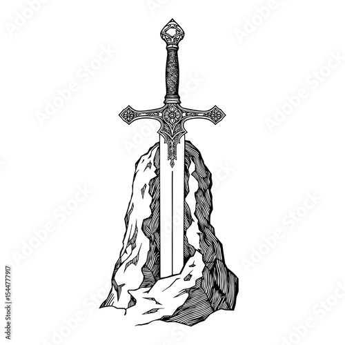 An ancient sword, majestically embedded in a stone, is a powerful symbol of valor and strength, representing the legendary tales of kings and valorous knights. vector illustration