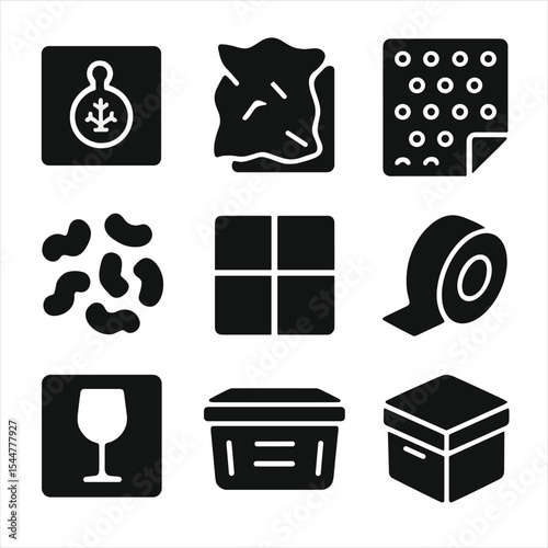 Packing Icon Set. Solid, filled icons set of packing fragile decorations: foam insert, tissue paper, bubble wrap, packing peanuts, cardboard divider, tape, fragile label, storage bin, stackable box.