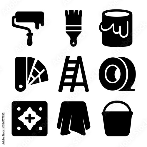 Painting Icons Grid. Solid, filled icons set of painting and decorating: paint roller, paint brush, paint can, color palette, ladder icon, tape icon, stencil icon, drop cloth, bucket icon.