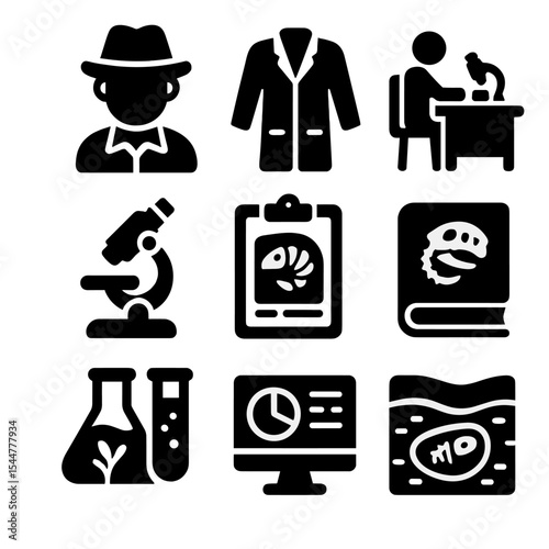 Paleontology Study Icons. Solid, filled icons set of paleontologist study: scientist icon, lab coat, research