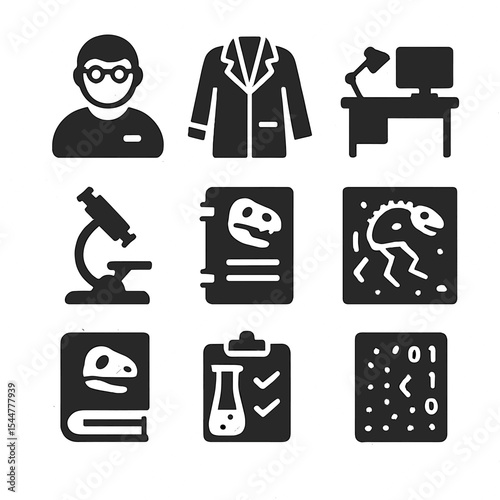 Paleontology Study Icons. Solid, filled icons set of paleontologist study: scientist icon, lab coat, research