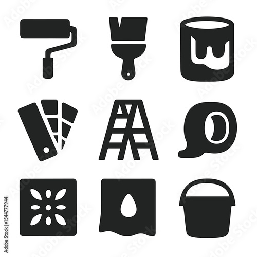 Painting Icons Grid. Solid, filled icons set of painting and decorating: paint roller, paint brush, paint can, color palette, ladder icon, tape icon, stencil icon, drop cloth, bucket icon.