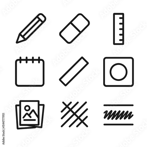 Sketch Tools Icons. Outline icon set of sketch and draft phase: pencil, eraser, ruler, sketchpad, charcoal stick, stenciled shape,