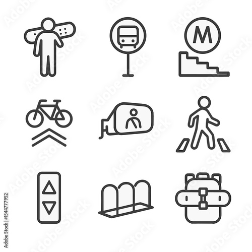 Skater Transport Icons. Outline icon set of transport options for skaters: deck on shoulder, bus stop sign, subway entrance, bike