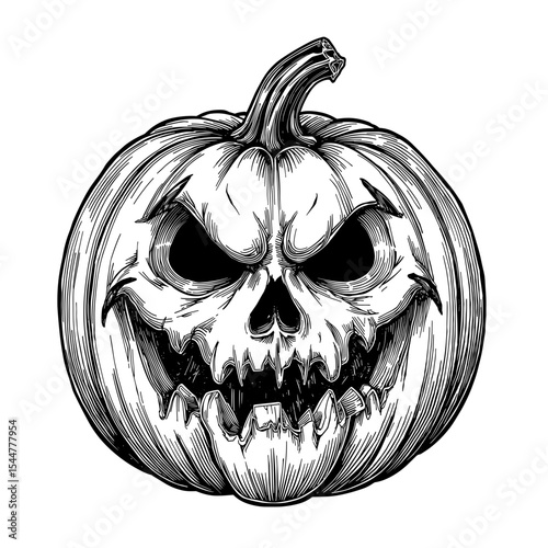 A chilling illustration of a carved pumpkin lantern captures the essence of Halloween. A sinister grinning face with a ghoulish smile. Evoking the spirit of autumn and the spooky season.