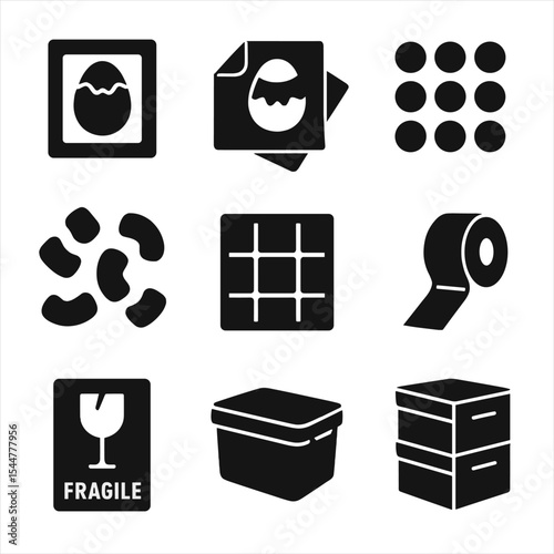 Packing Icon Set. Solid, filled icons set of packing fragile decorations: foam insert, tissue paper, bubble wrap, packing peanuts, cardboard divider, tape, fragile label, storage bin, stackable box.