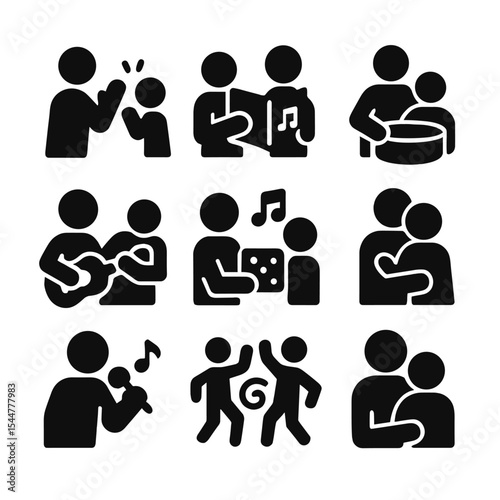 Parent-Child Music Icons. Solid, filled icons set of parent-child music activities: clapping hands, sing-along