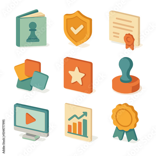 Skill Level Icon Set. Isometric Flat icon set of skill levels: beginner booklet, intermediate badge, advanced certificate,