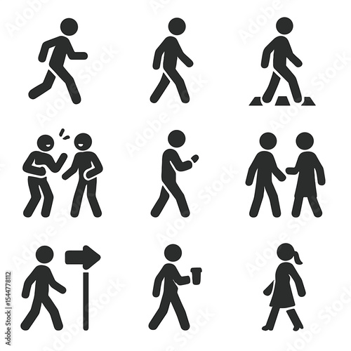 People Motion Icons. Solid, filled icons set of people in motion: fast walker, relaxed stroll, crosswalk
