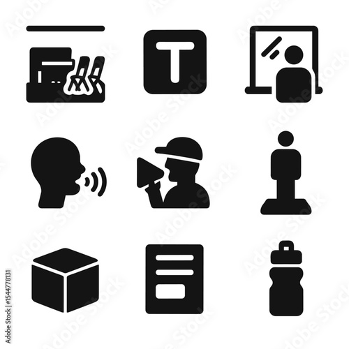 Performance Prep Icons. Solid, filled icons set of rehearsal and performance prep: rehearsal room, mark on