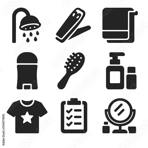 Personal Hygiene Icons. Solid, filled icons set of personal hygiene routines: showerhead icon, nail clipper,